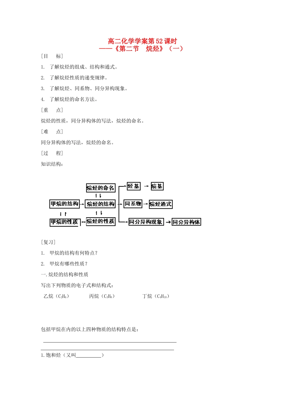 高二化学 第52课时《第二节 烷烃》（一）学案 新人教版_第1页
