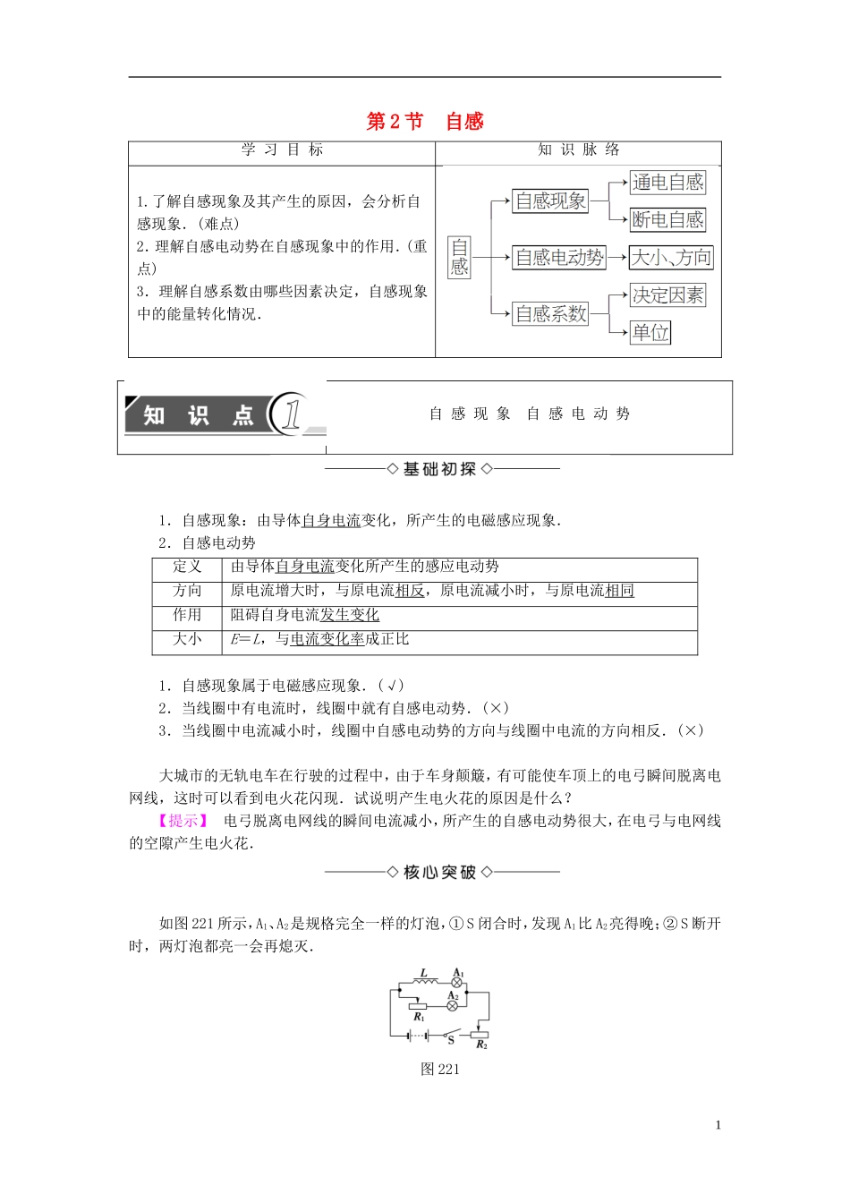 高中物理 第2章 楞次定律和自感现象 第2节 自感教师用书 鲁科版选修3-2-鲁科版高中选修3-2物理学案_第1页