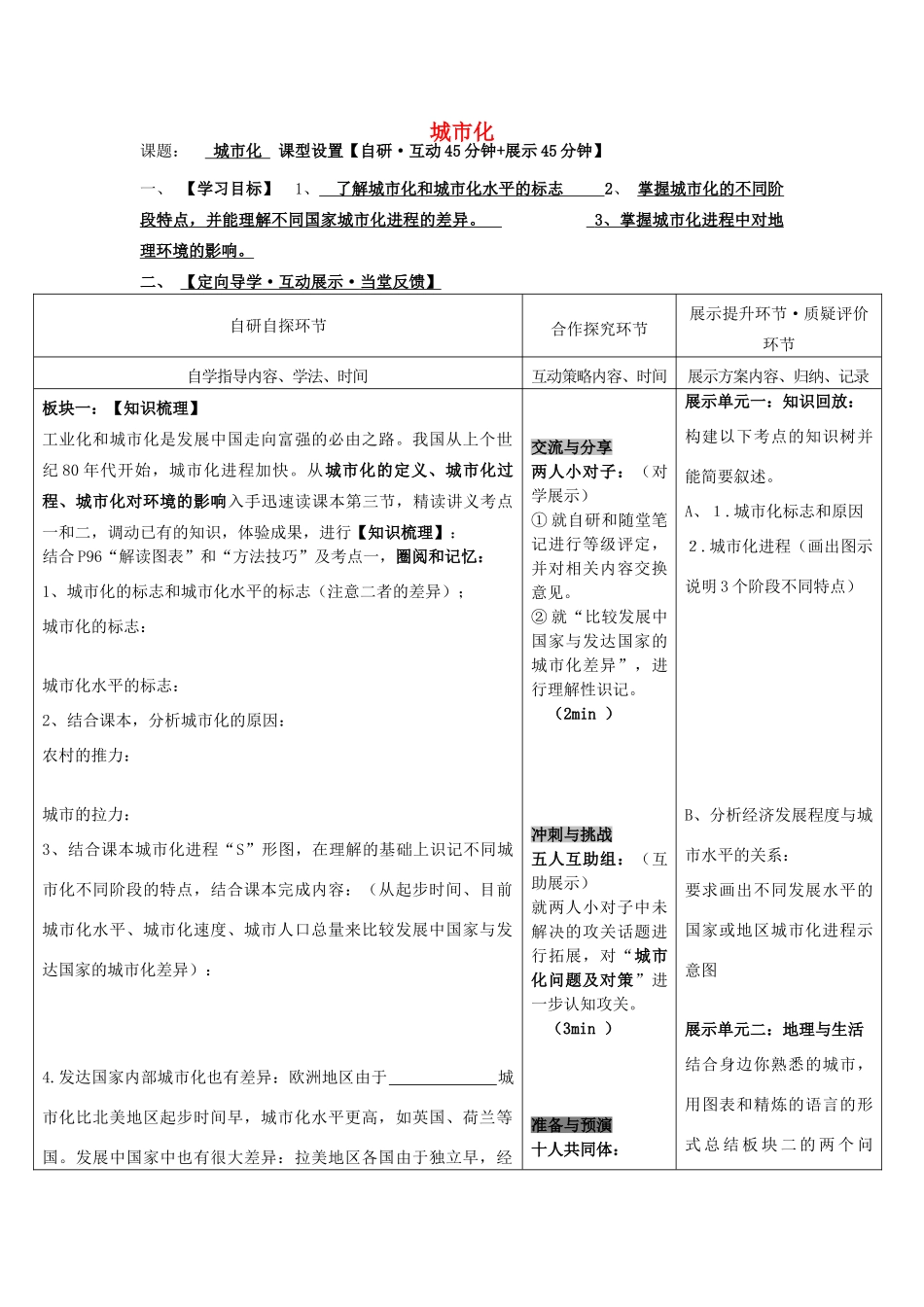 安徽省铜陵市铜都双语学校高三地理 城市化复习学案_第1页