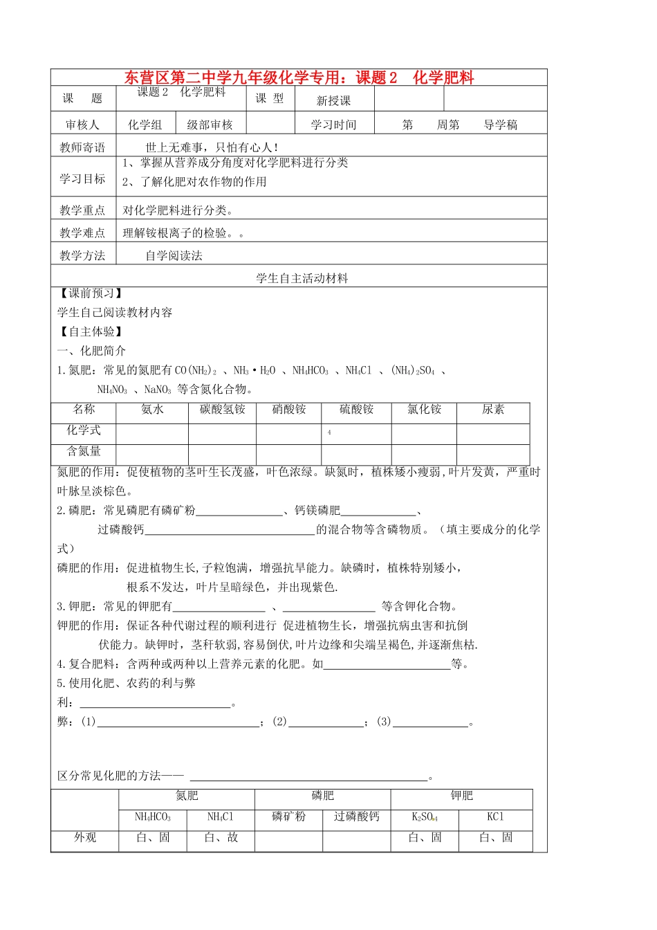 山东省东营市第二中学九年级化学下册 化学肥料学案 人教新课标版_第1页