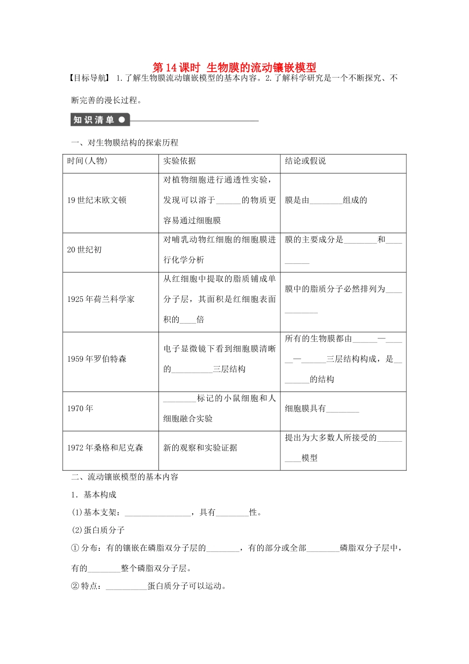 高中生物 第四章 细胞的物质输入和输出 第14课时 生物膜的流动镶嵌模型课时作业 新人教版必修1-新人教版高一必修1生物学案_第1页