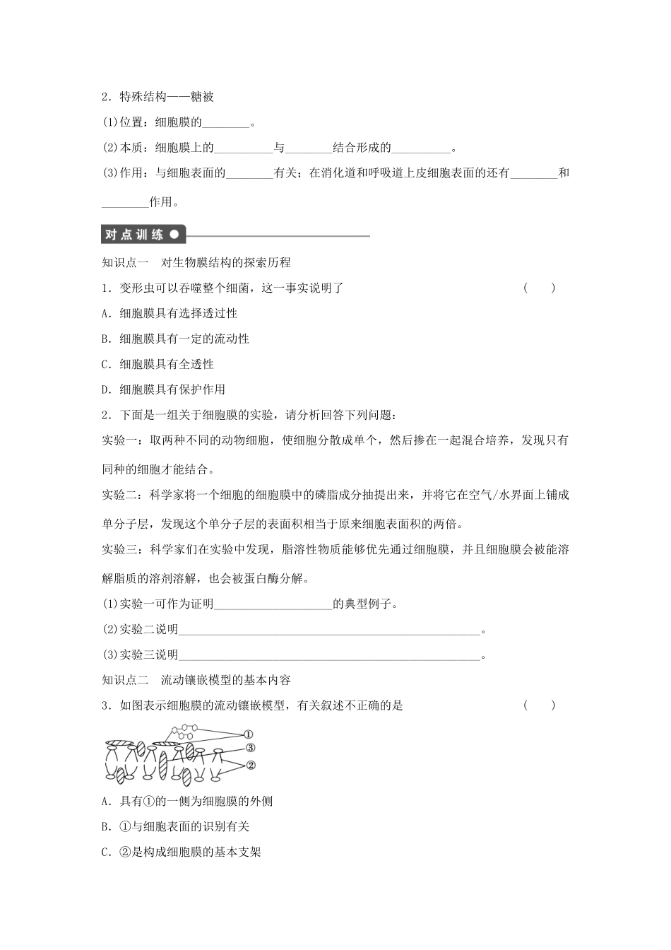 高中生物 第四章 细胞的物质输入和输出 第14课时 生物膜的流动镶嵌模型课时作业 新人教版必修1-新人教版高一必修1生物学案_第2页
