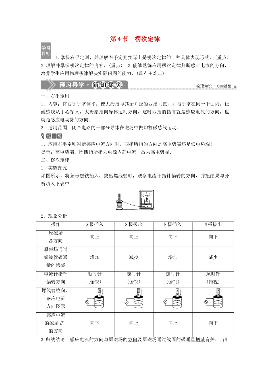 高中物理 第一章 电磁感应 第4节 楞次定律学案 教科版选修3-2-教科版高二选修3-2物理学案_第1页