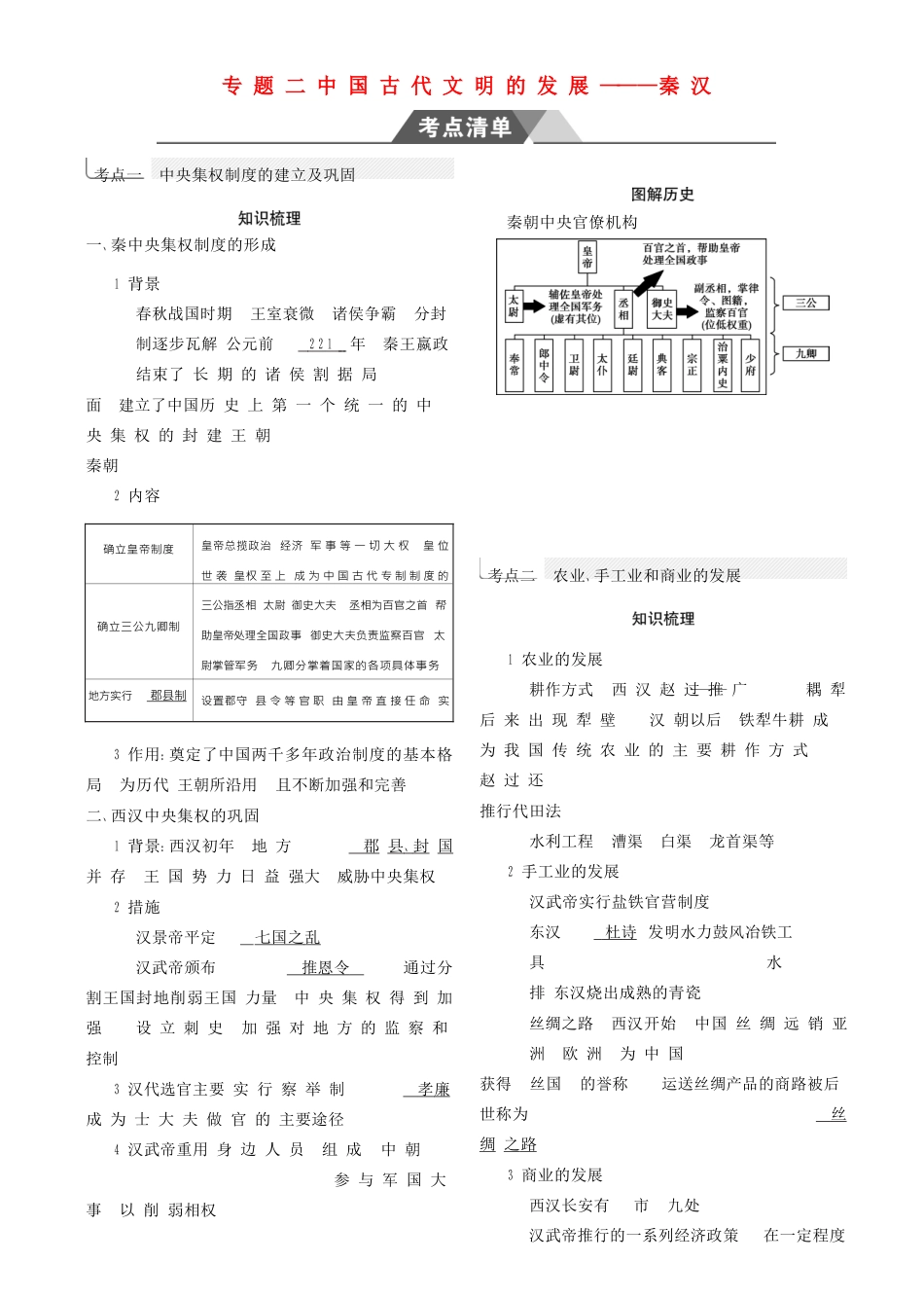 （全国通史版）高考历史总复习 专题二 中国古代文明的发展——秦汉学案-人教版高三全册历史学案_第1页