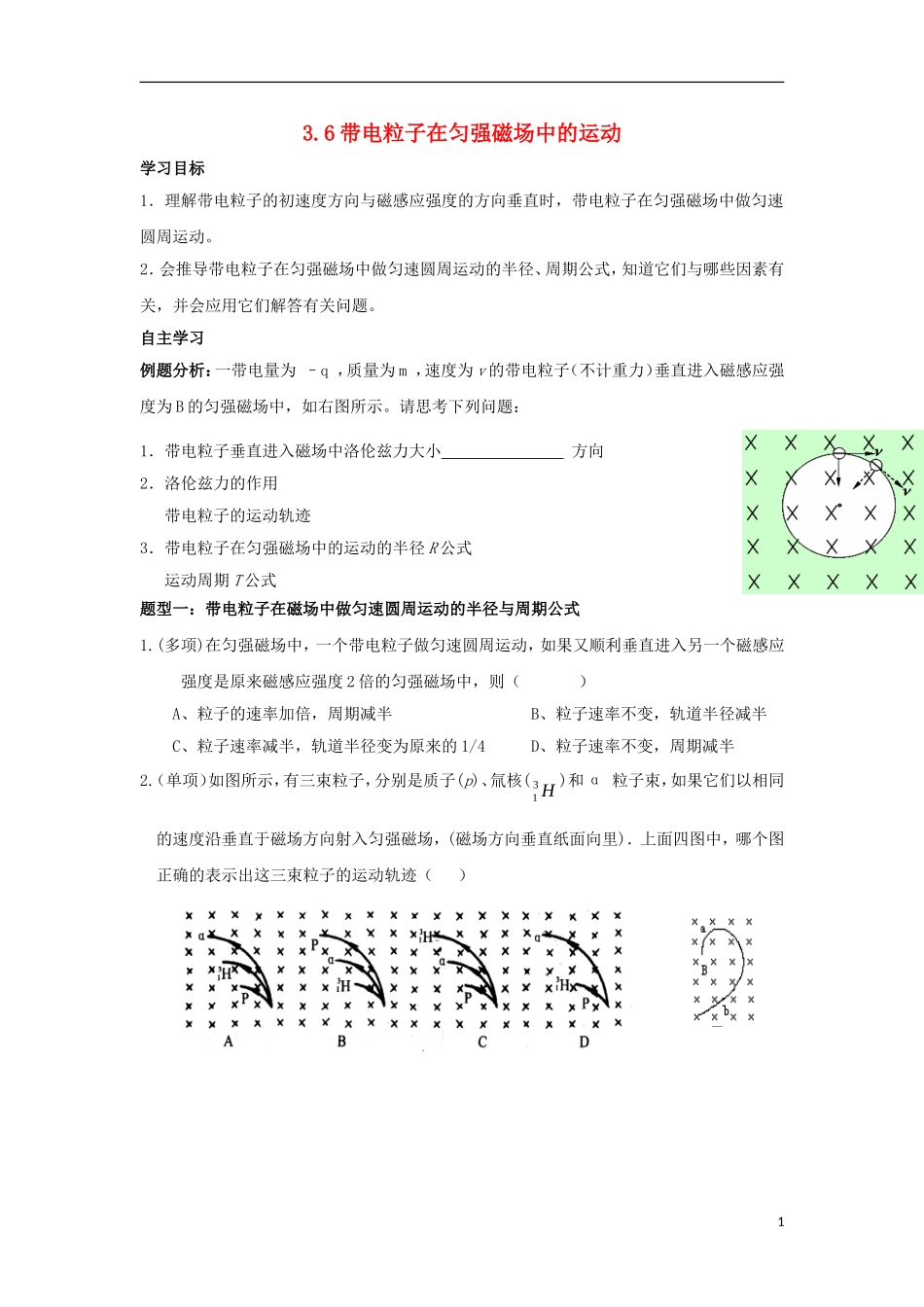 高中物理 第三章 磁场 3.6 带电粒子在匀强磁场中的运动导学案（无答案）新人教版选修3-1-新人教版高二选修3-1物理学案_第1页