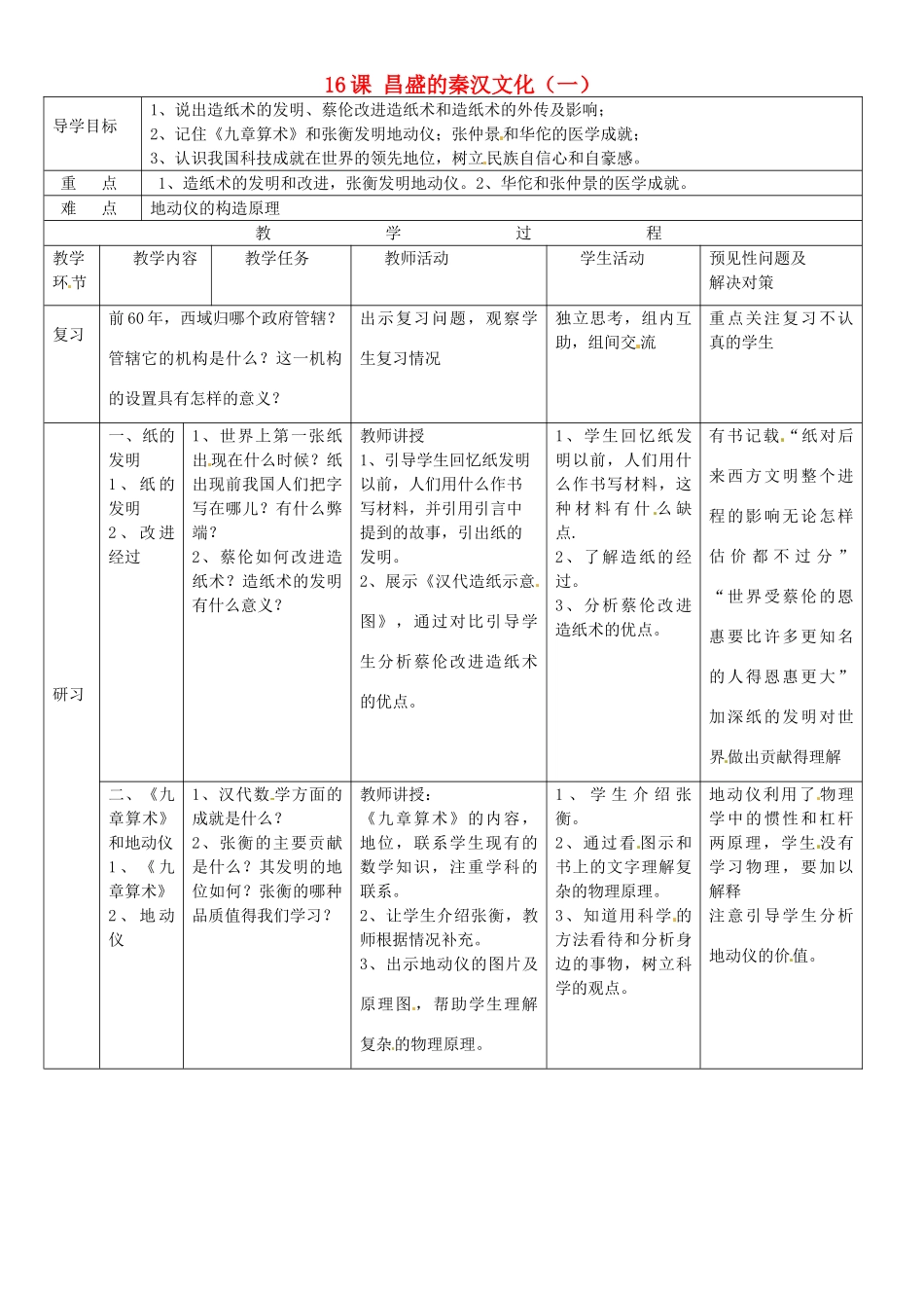 吉林省通化市外国语中学七年级历史上册 第16课 昌盛的秦汉文化（一）导学案 新人教版_第1页