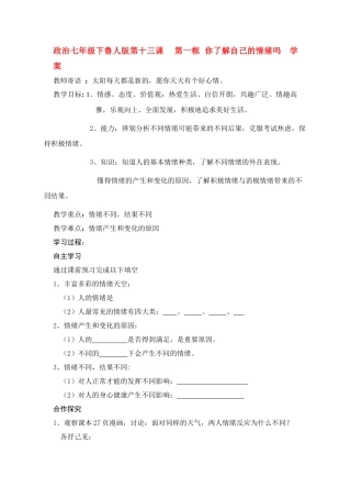 七年级政治下册 第十三课  第一框  你了解自己的情绪吗 学案 鲁人版