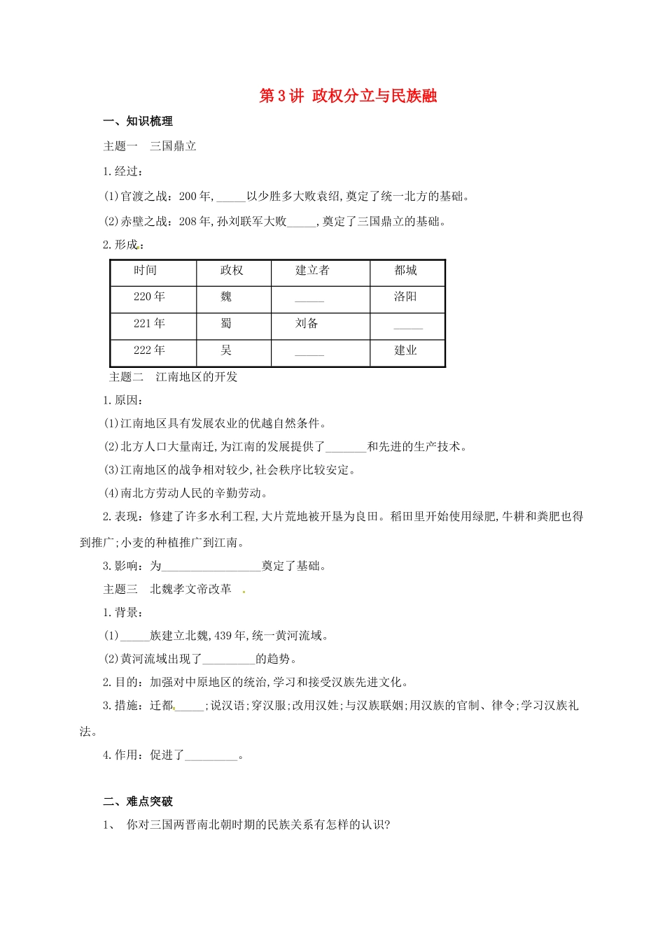 中考历史一轮专题复习 政权分立与民族融合导学案-人教版初中九年级全册历史学案_第1页