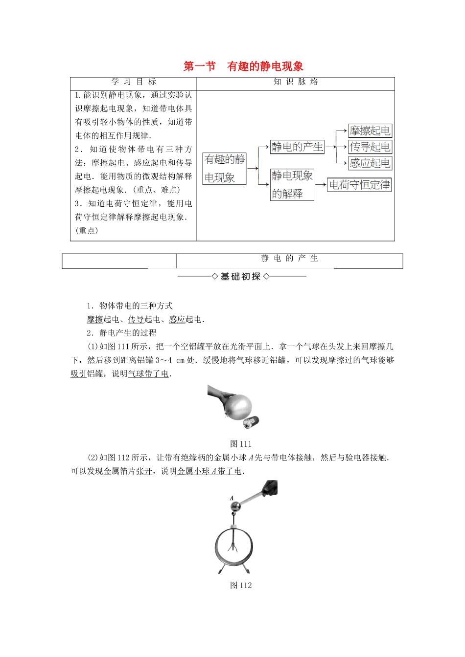 高中物理 第1章 电与磁 第1节 有趣的静电现象学案 粤教版选修1-1-粤教版高二选修1-1物理学案_第1页