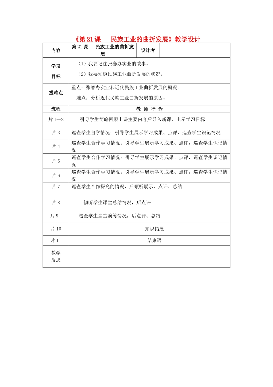 八年级历史上册 第21课 民族工业的曲折发展导学案 岳麓版-岳麓版初中八年级上册历史学案_第1页