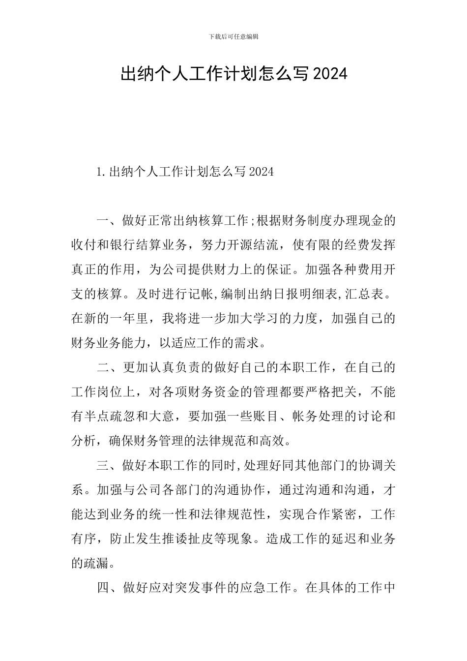 出纳个人工作计划怎么写2024_第1页