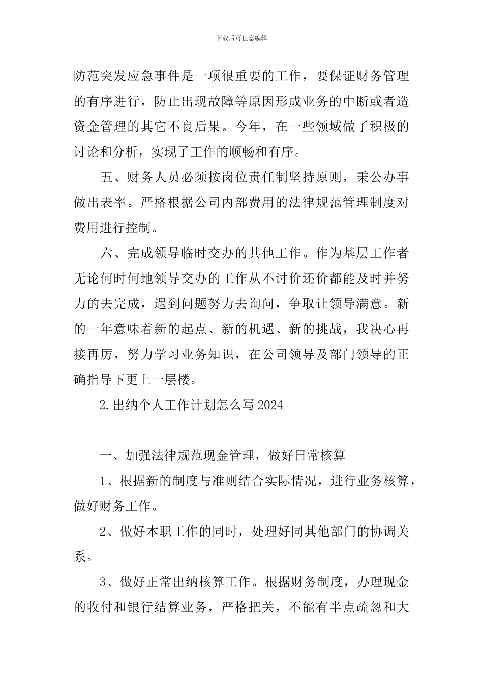出纳个人工作计划怎么写2024_第2页