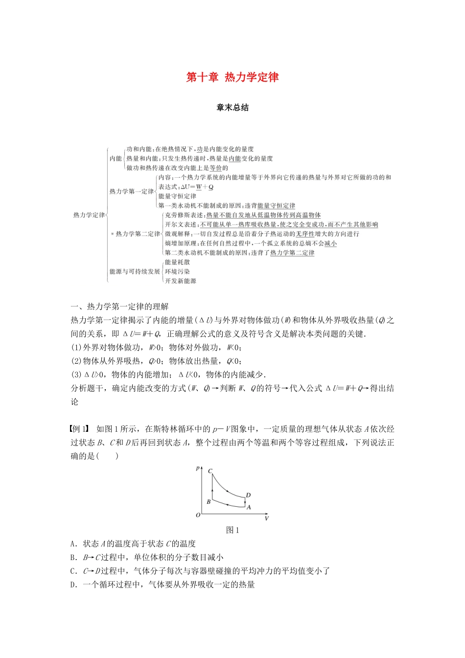 高中物理 第十章 热力学定律章末总结学案 新人教版选修3-3-新人教版高二选修3-3物理学案_第1页