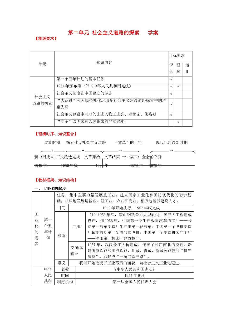 八年级历史下册 第二单元《社会主义道路的探索》学案 人教新课标版_第1页