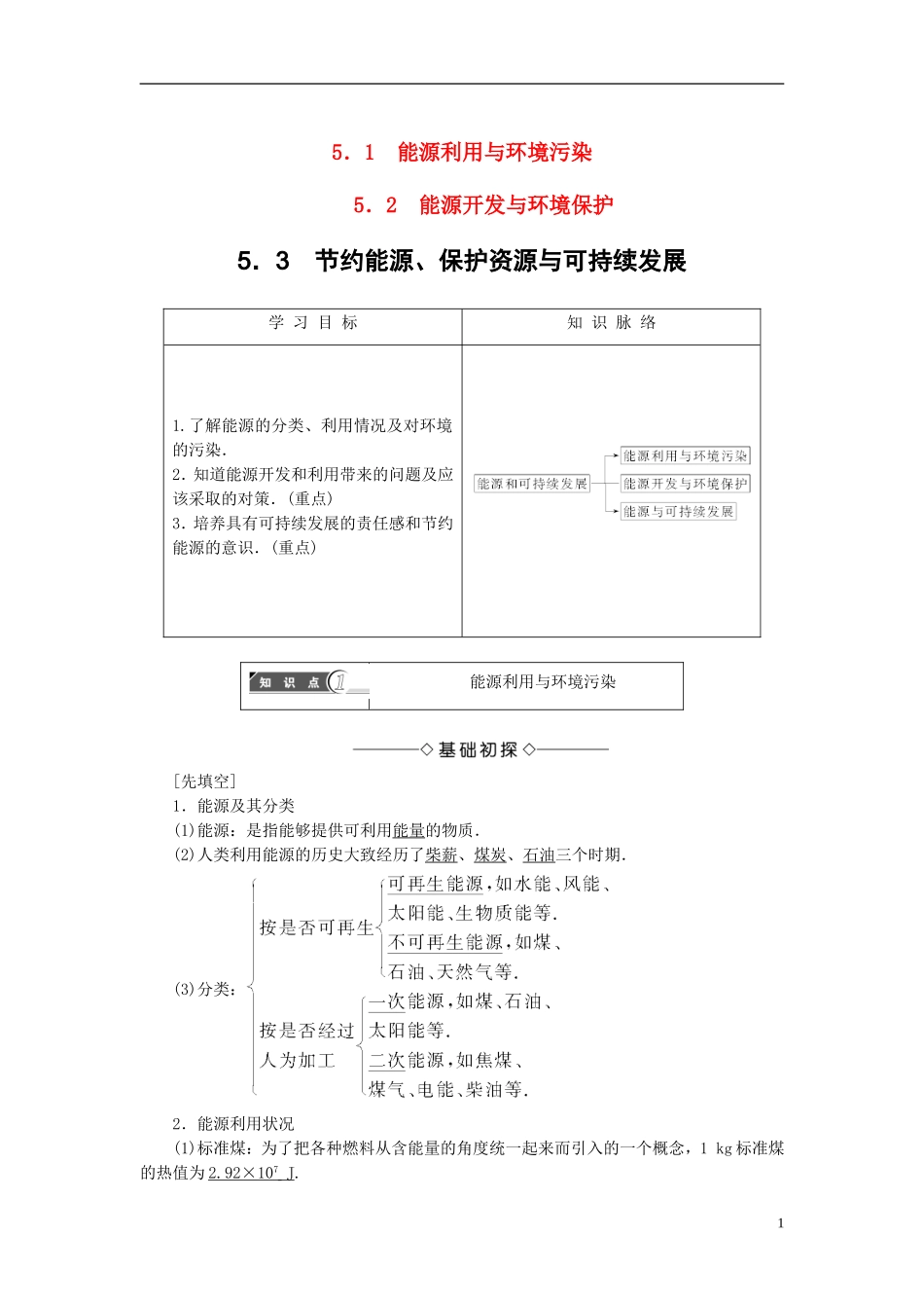 高中物理 第5章 能源与可持续发展 5.1 能源利用与环境污染 5.2 能源开发与环境保护 5.3 节约能源、保护资源与可持续发展教师用书 沪科版选修3-3-沪科版高二选修3-3物理学案_第1页