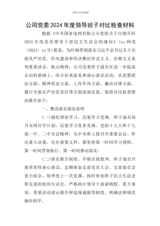 公司党委2024年度领导班子对照检查材料