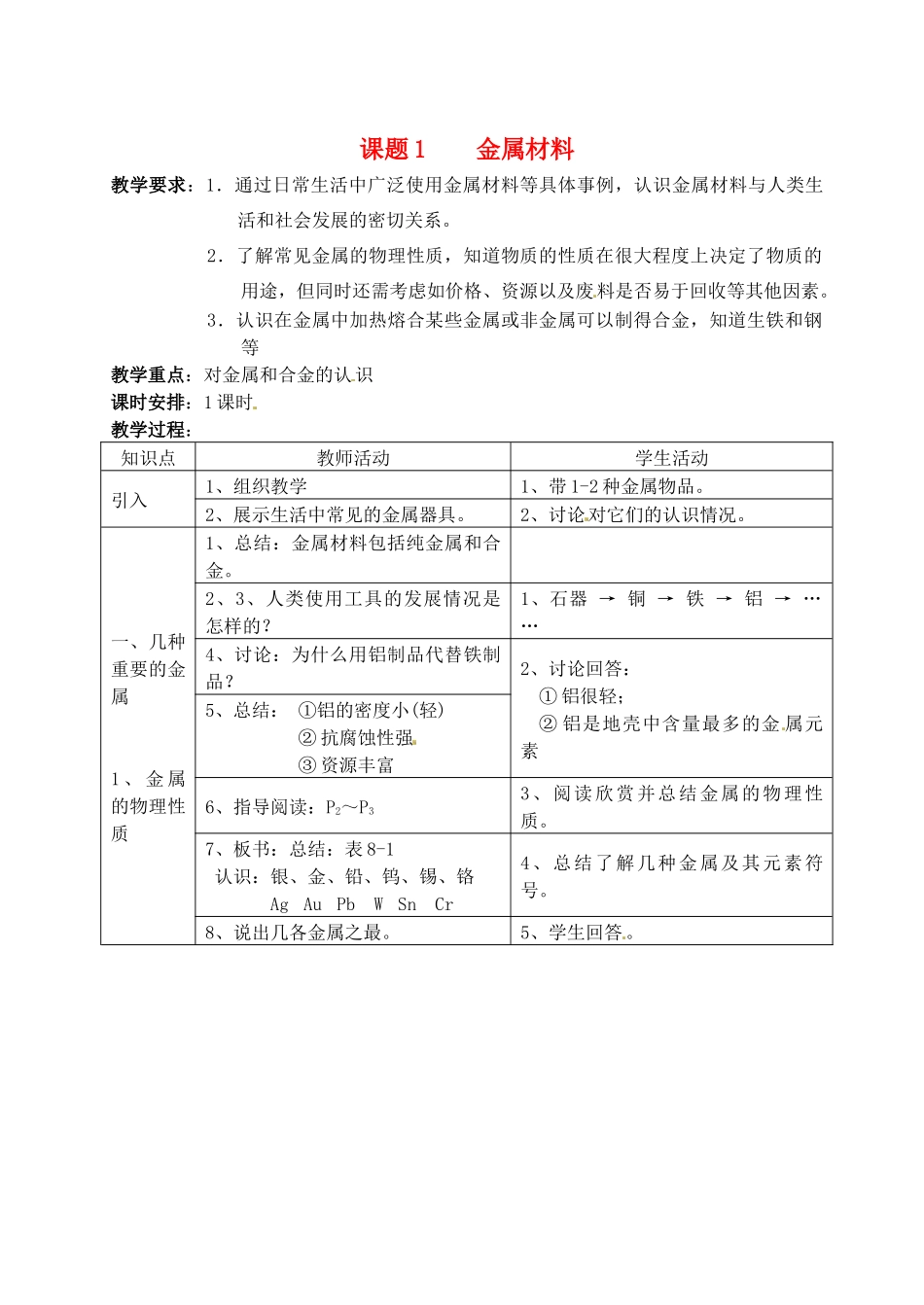 2013-2014学年九年级化学下册 第八单元 金属和金属材料 课题1 金属材料教案1 新人教版_第1页