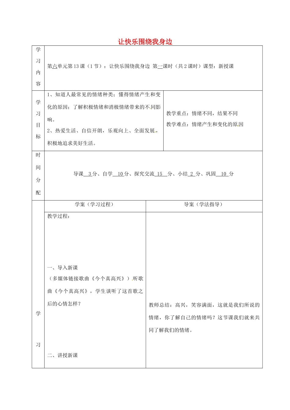 （秋季版）陕西省山阳县七年级道德与法治下册 第七单元 心中拥有灿烂阳光 第13课 让快乐围绕我身边导学案 鲁人版六三制-鲁人版初中七年级下册政治学案_第1页