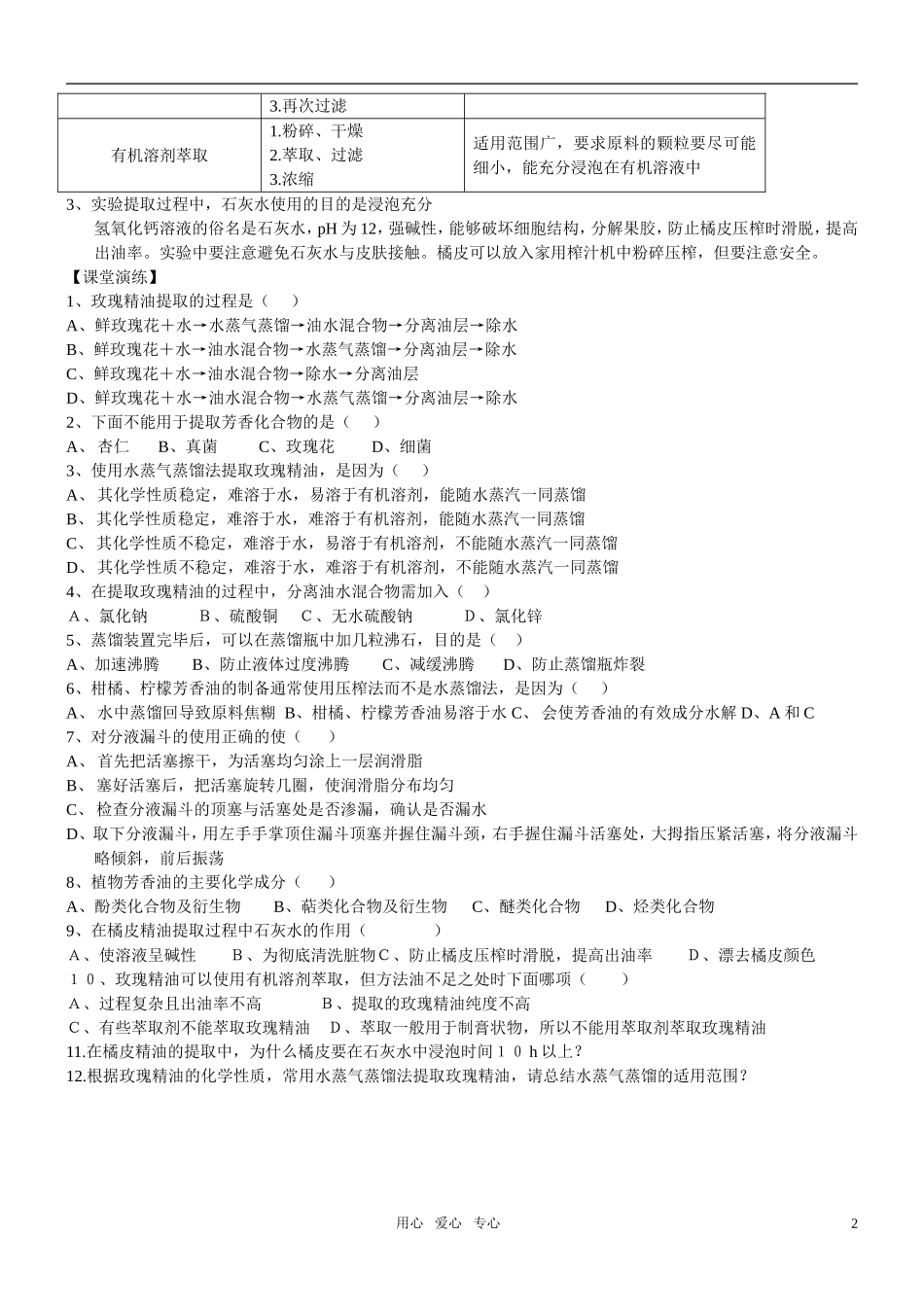 高中生物 课题1 植物芳香油的提取预习学案 新人教版选修1_第2页