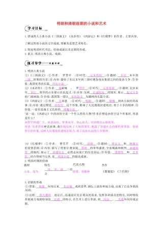 七年级历史下册 第七单元 第24课 明朝和清朝前期的小说和艺术学案1 岳麓版-岳麓版初中七年级下册历史学案