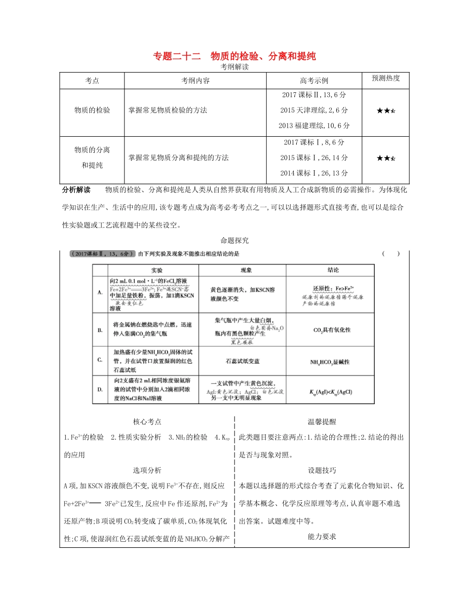 （A版）高考化学总复习 专题二十二 物质的检验、分离和提纯学案-人教版高三全册化学学案_第1页