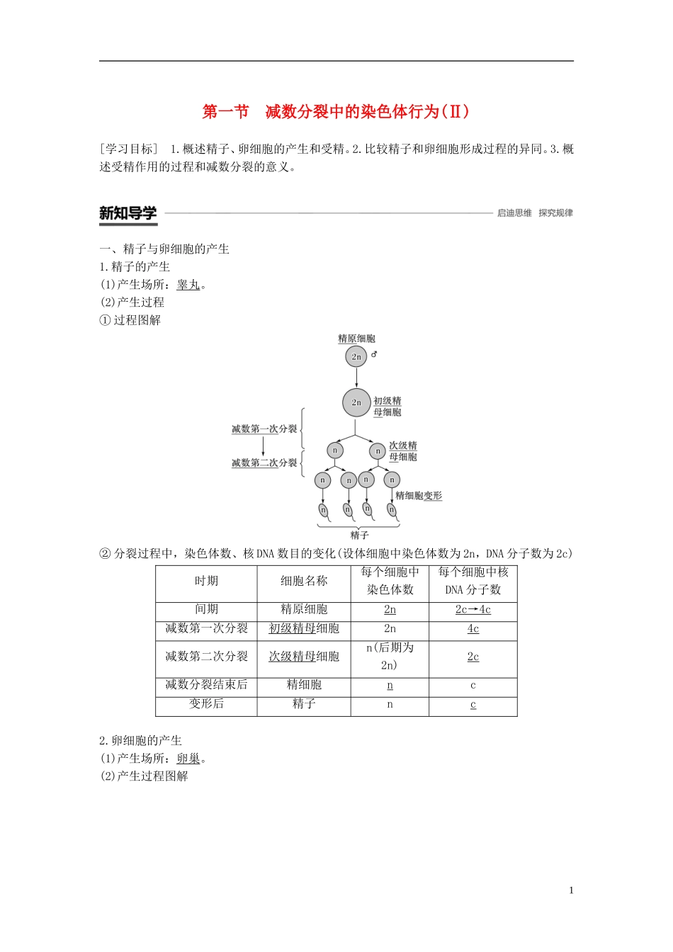 高中生物 第二章 染色体与遗传 第一节 减数分裂中的染色体行为（Ⅱ）学案 浙科版必修2-浙科版高一必修2生物学案_第1页