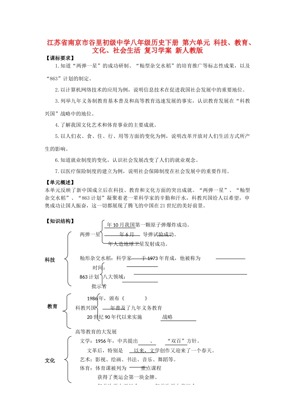 江苏省南京市谷里初级中学八年级历史下册 第六单元 科技、教育、文化、社会生活 复习学案 新人教版_第1页