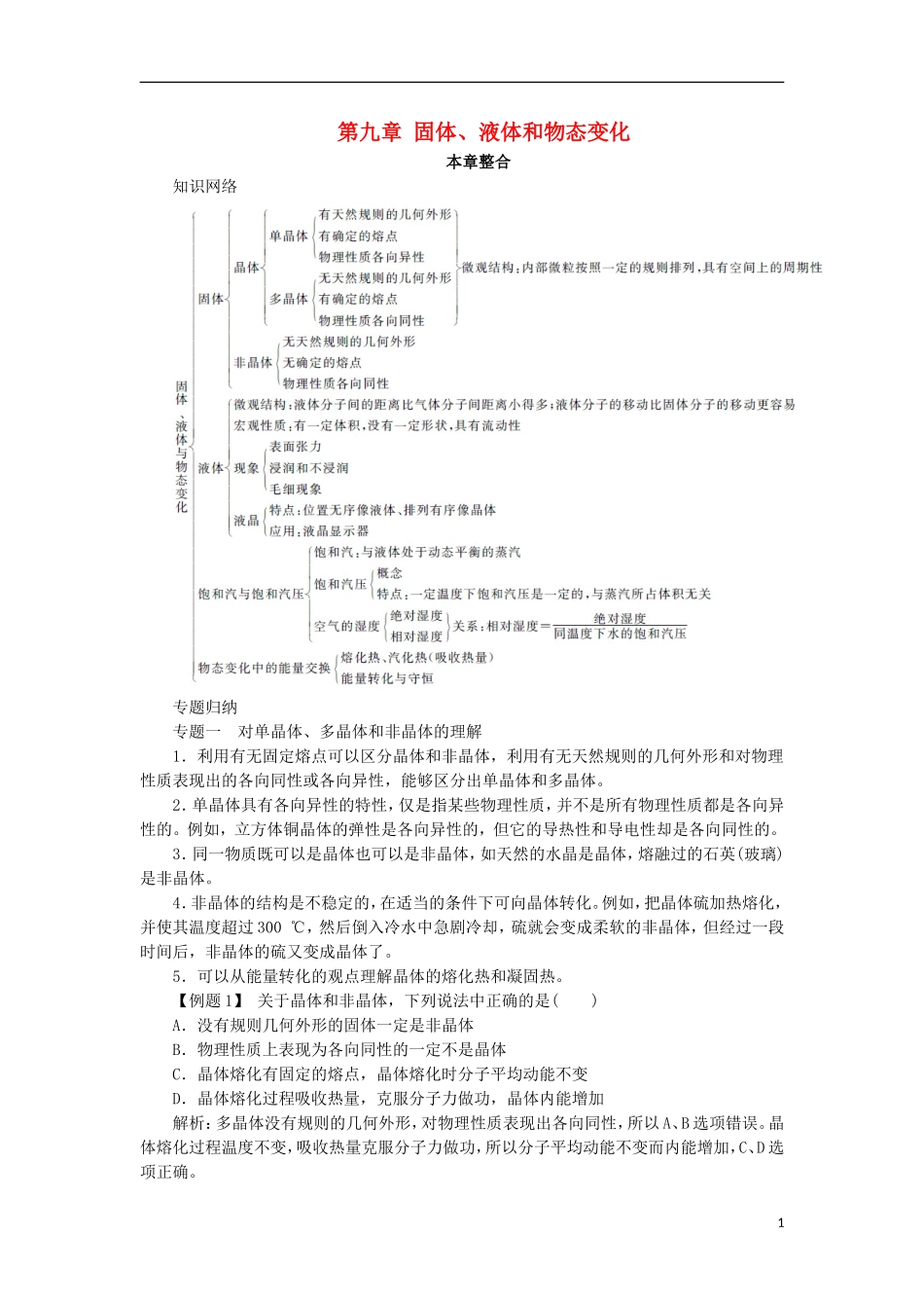 高中物理 第九章 固体、液体和物态变化本章整合学案 新人教版选修3-3-新人教版高二选修3-3物理学案_第1页