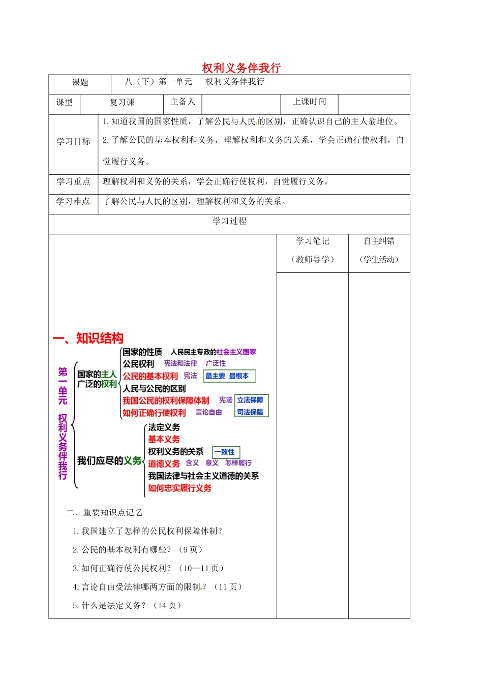 内蒙古鄂尔多斯市中考政治一轮复习（八下一单元）学案-人教版初中九年级全册政治学案_第1页