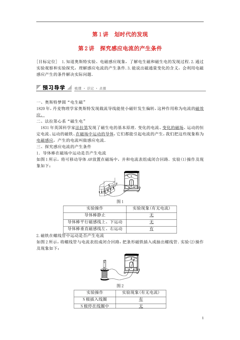 高中物理 4.1-4.2 划时代的发现 探究感应电流的产生条件学案 新人教版选修3-2-新人教版高二选修3-2物理学案_第1页