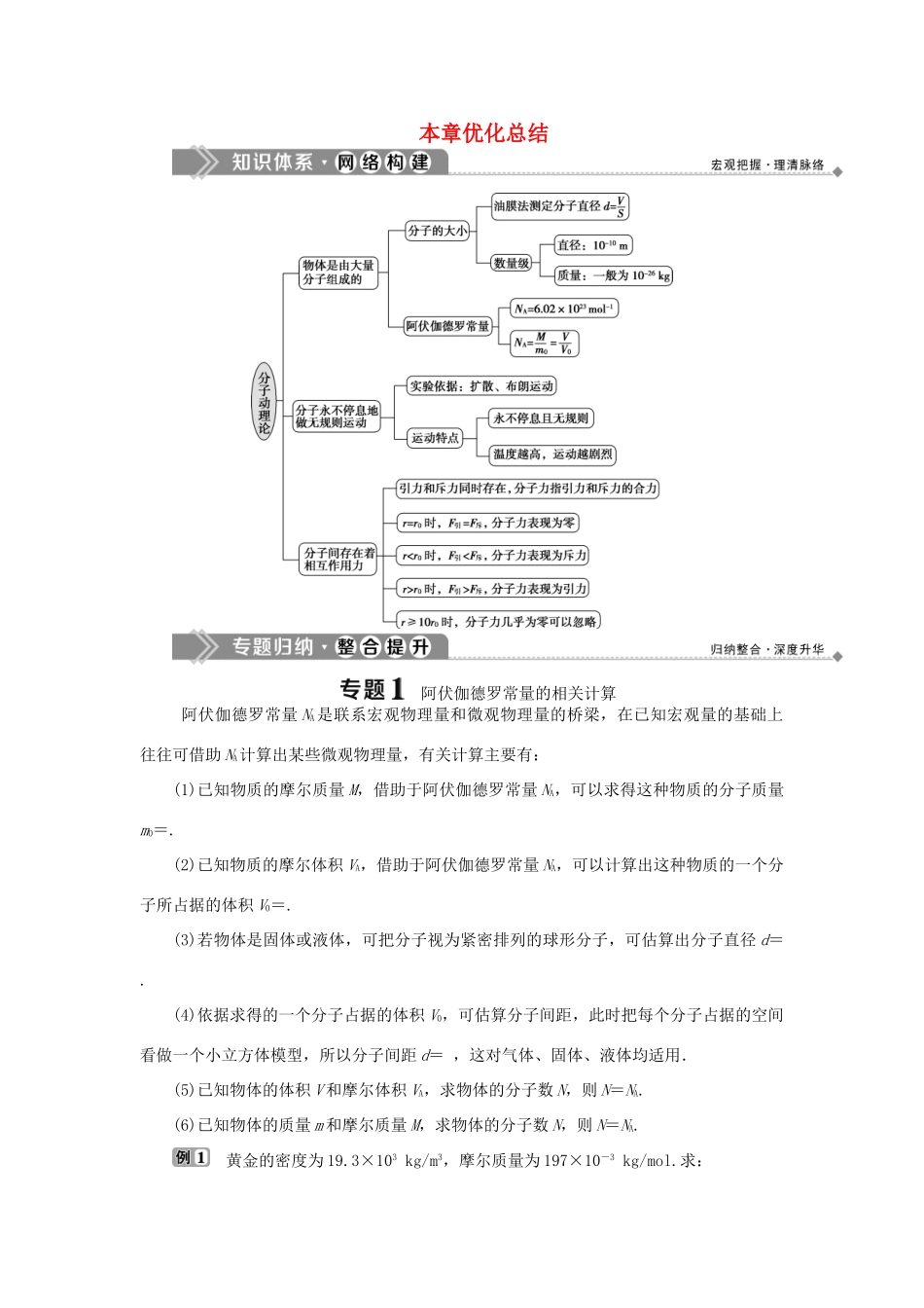 高中物理 第一章 分子动理论本章优化总结学案 教科版选修3-3-教科版高二选修3-3物理学案_第1页
