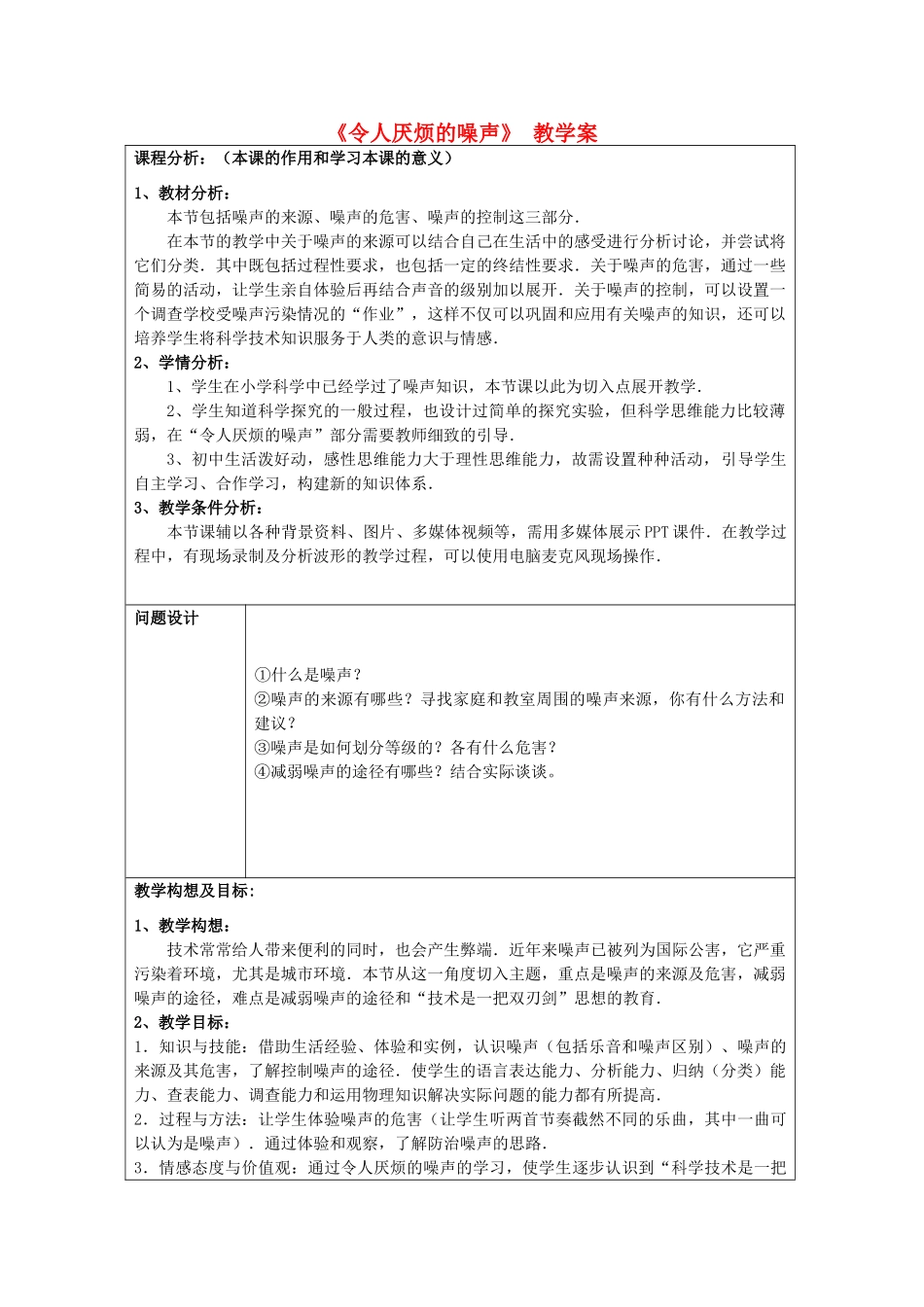 八年级物理下册 教师竞赛作品《令人厌烦的噪声》教学案 苏科版_第1页