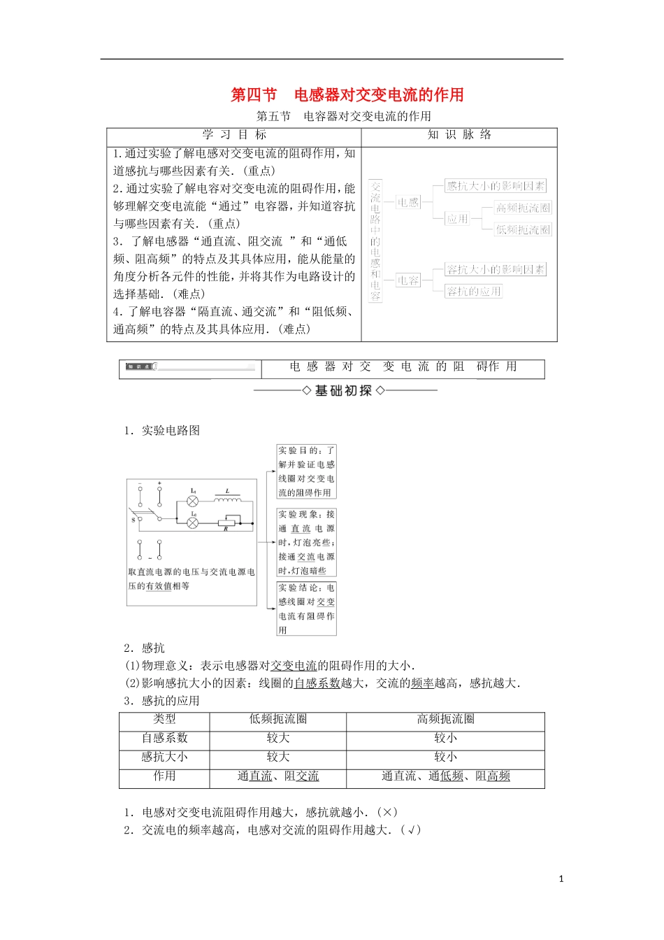 高中物理 第二章 交变电流 第4节 电感器对交变电流的作用 第5节 电感器对交变电流的作用学案 粤教版选修3-2-粤教版高二选修3-2物理学案_第1页