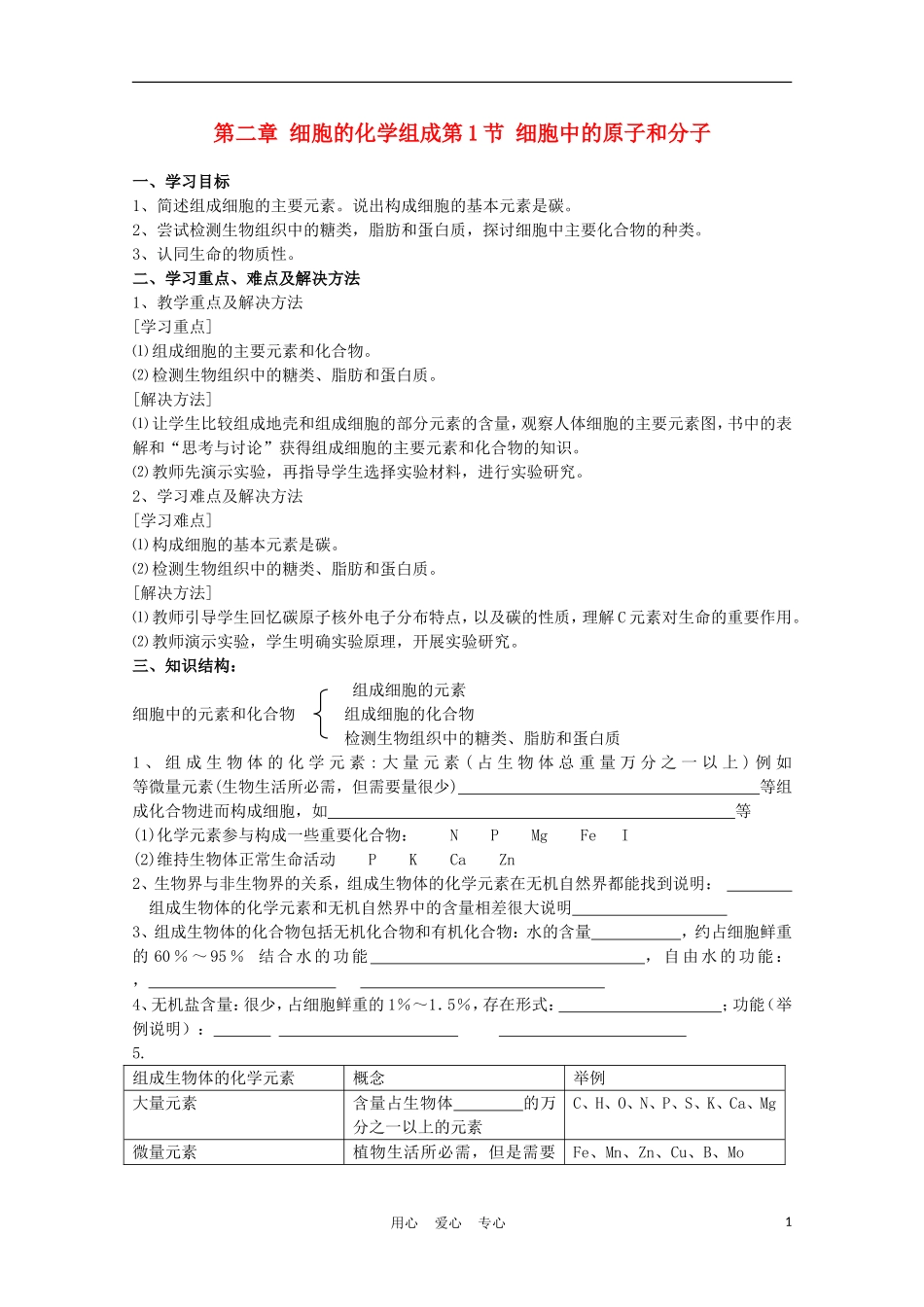 高中生物《细胞中的原子和分子》学案1 苏教版必修1_第1页