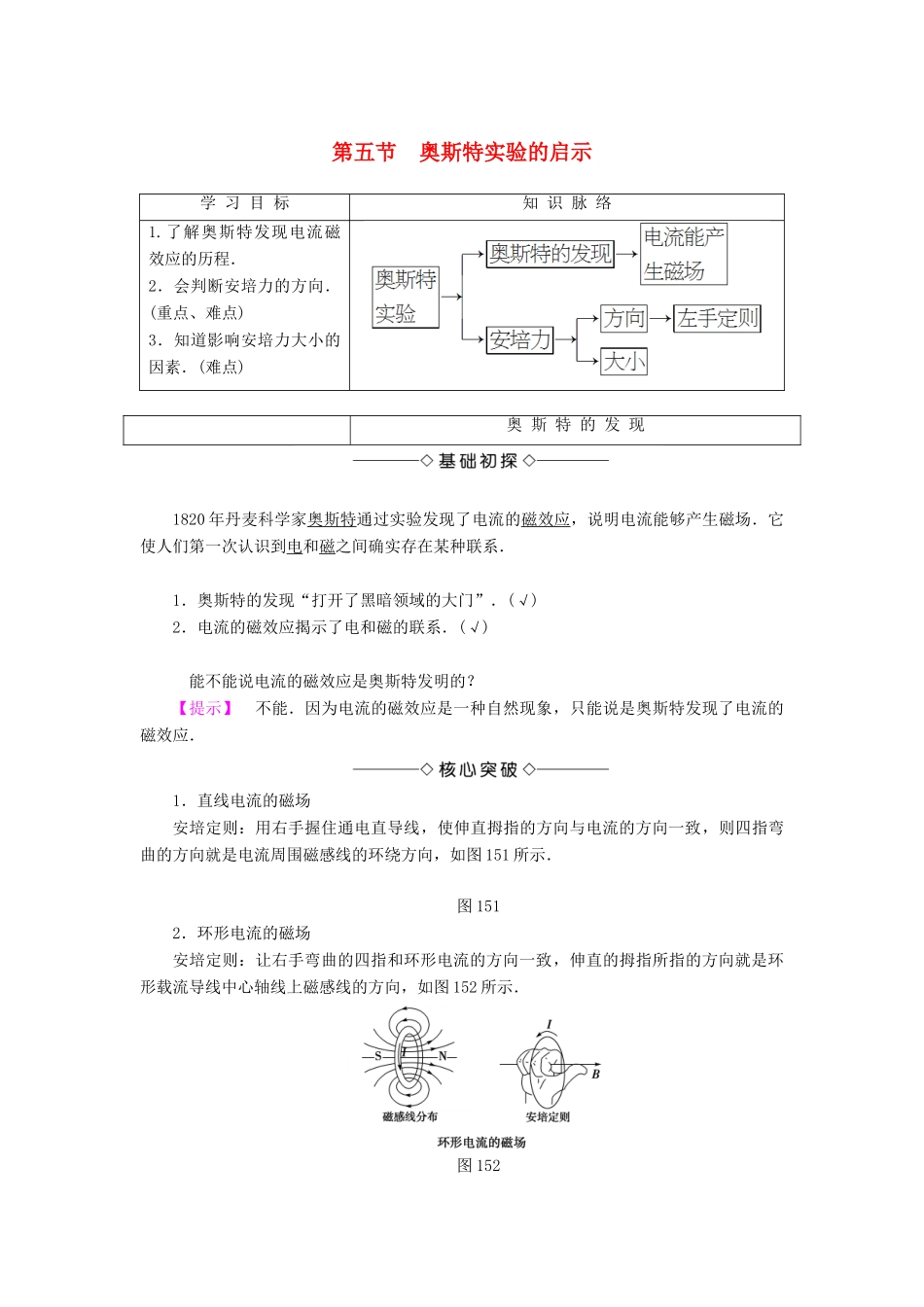 高中物理 第1章 电与磁 第5节 奥斯特实验的启示学案 粤教版选修1-1-粤教版高二选修1-1物理学案_第1页