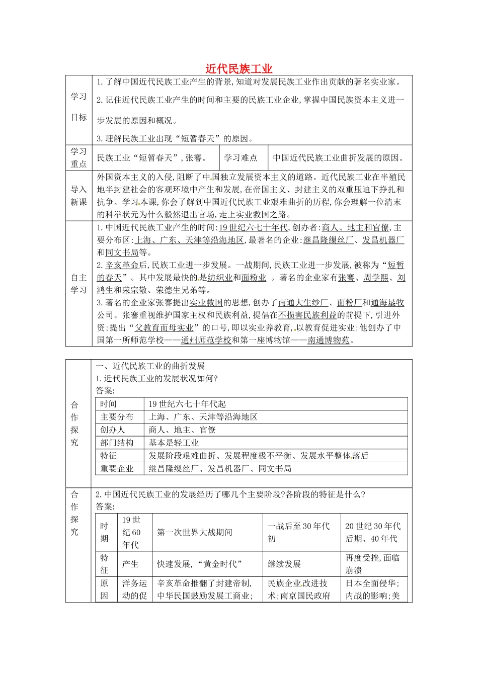 八年级历史上册 第19课 近代民族工业学案2 川教版-川教版初中八年级上册历史学案_第1页