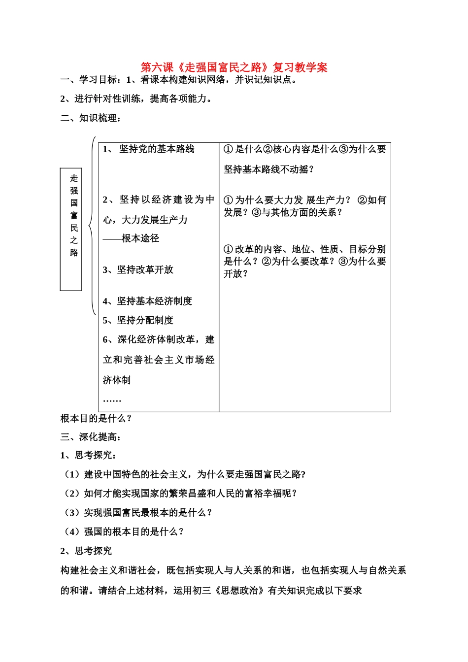 九年级政治 第六课《走富国强民之路》复习教学案 鲁教版_第1页
