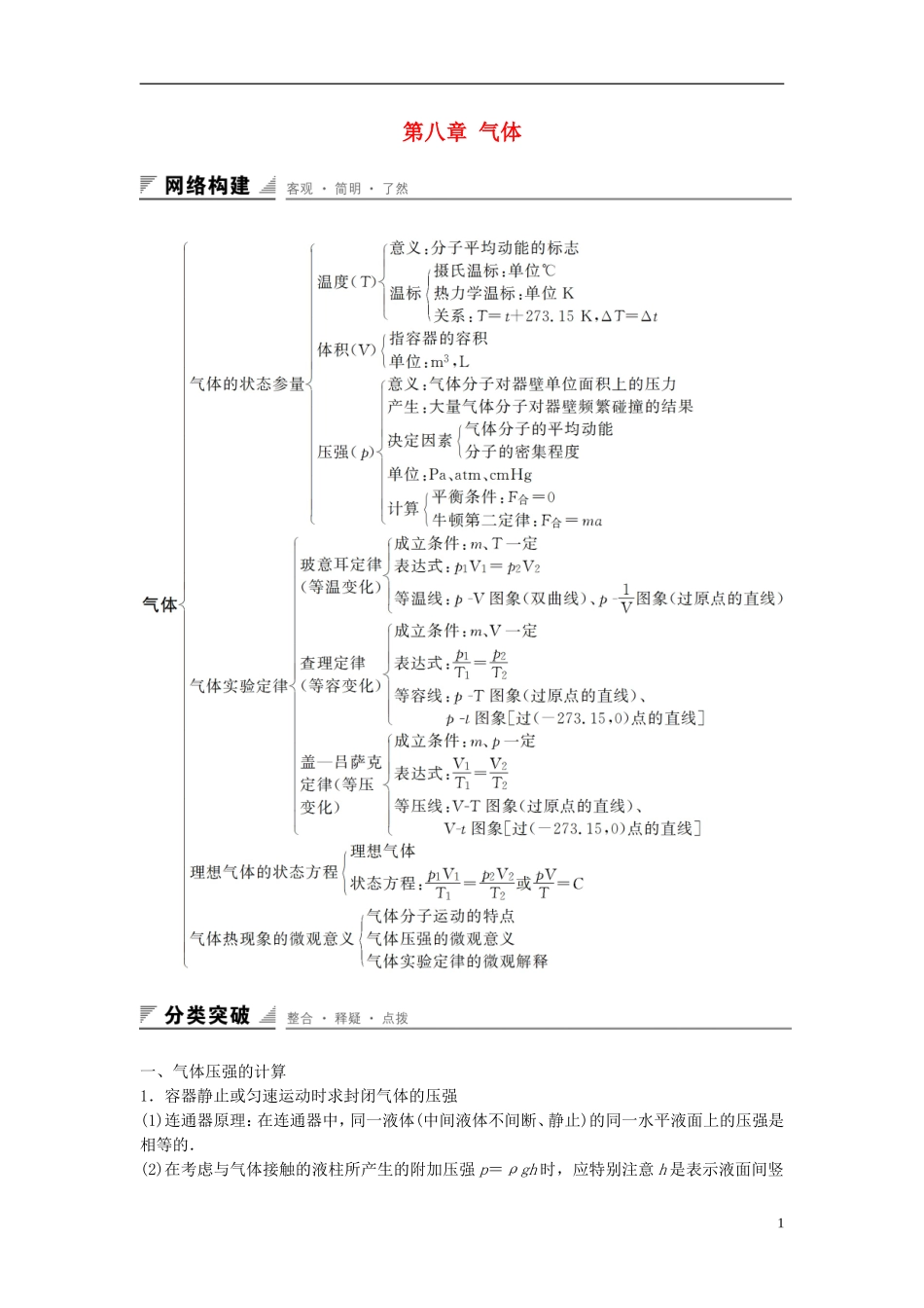 高中物理 第八章 气体学案 新人教版选修3-3-新人教版高二选修3-3物理学案_第1页