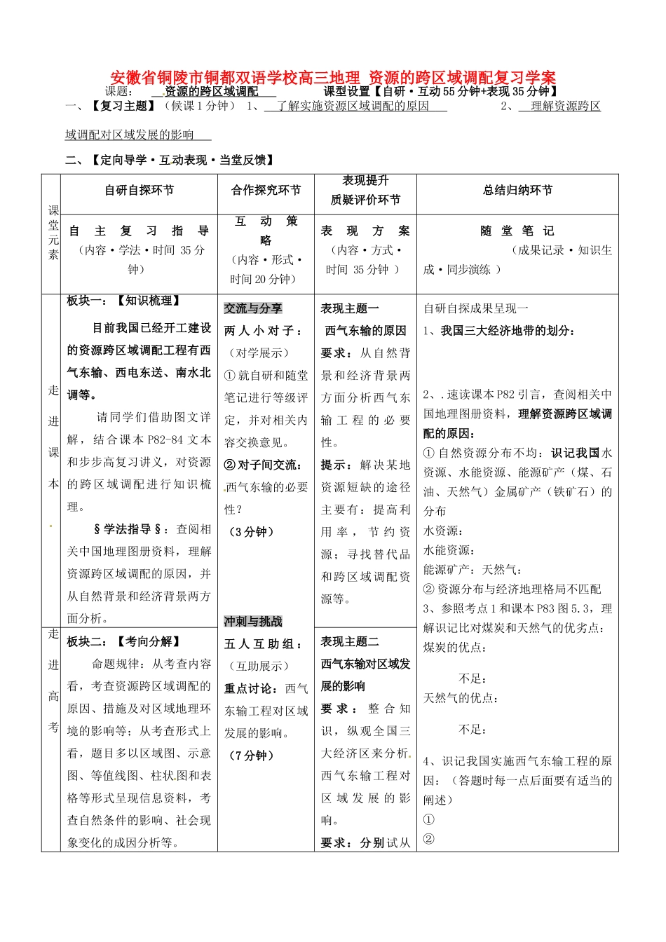 安徽省铜陵市铜都双语学校高三地理 资源的跨区域调配复习学案_第1页