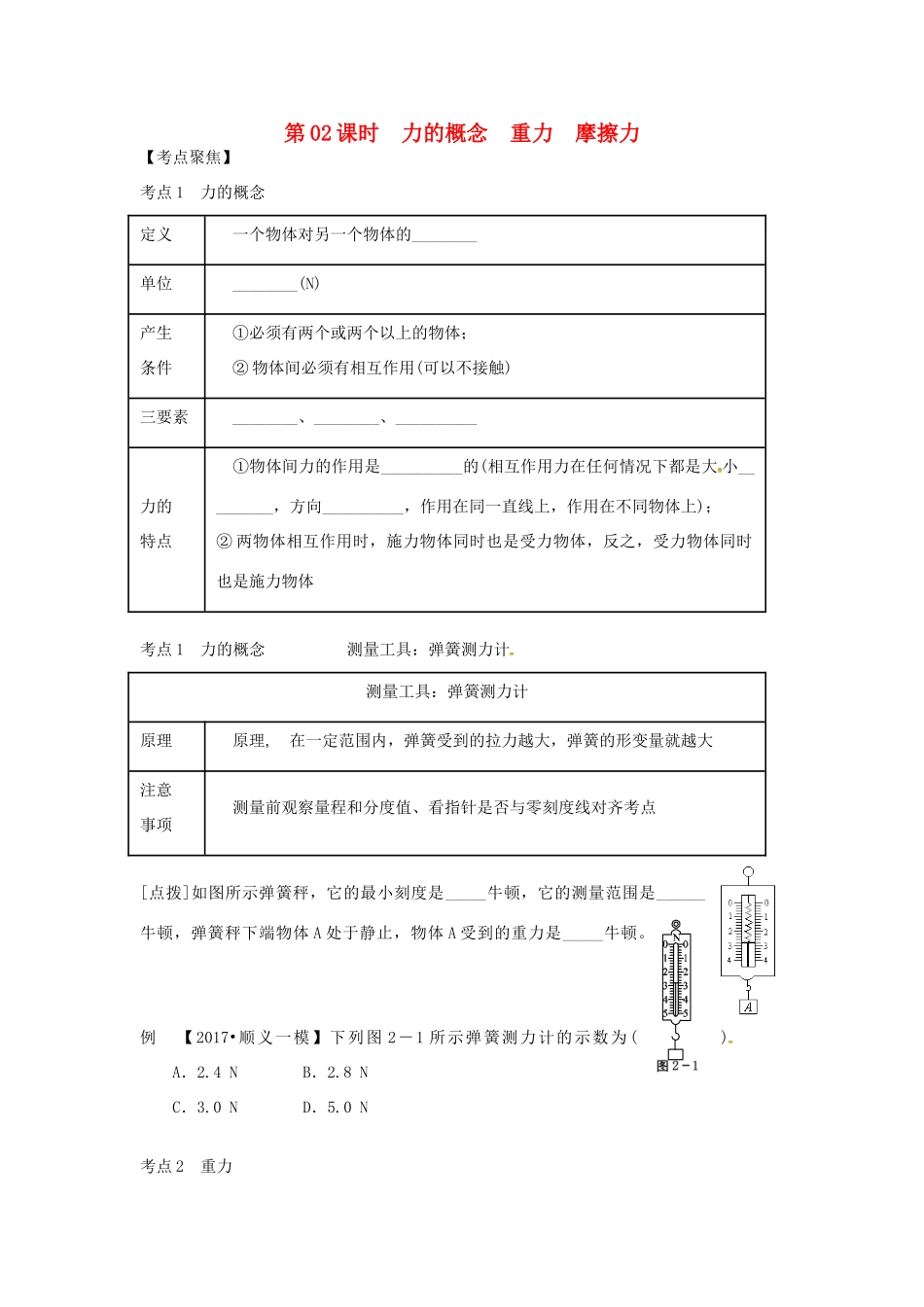 （北京专版）中考物理总复习 第02课时 力的概念 重力 摩擦力学案-人教版初中九年级全册物理学案_第1页