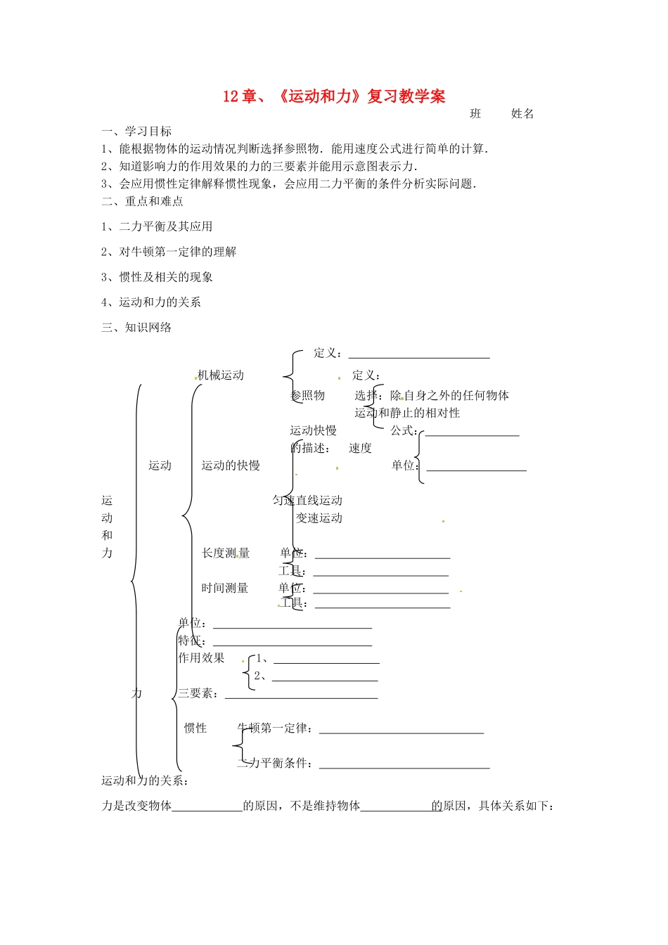辽宁省普兰店二十七中九年级物理《第十二章运动与力》复习学案_第1页