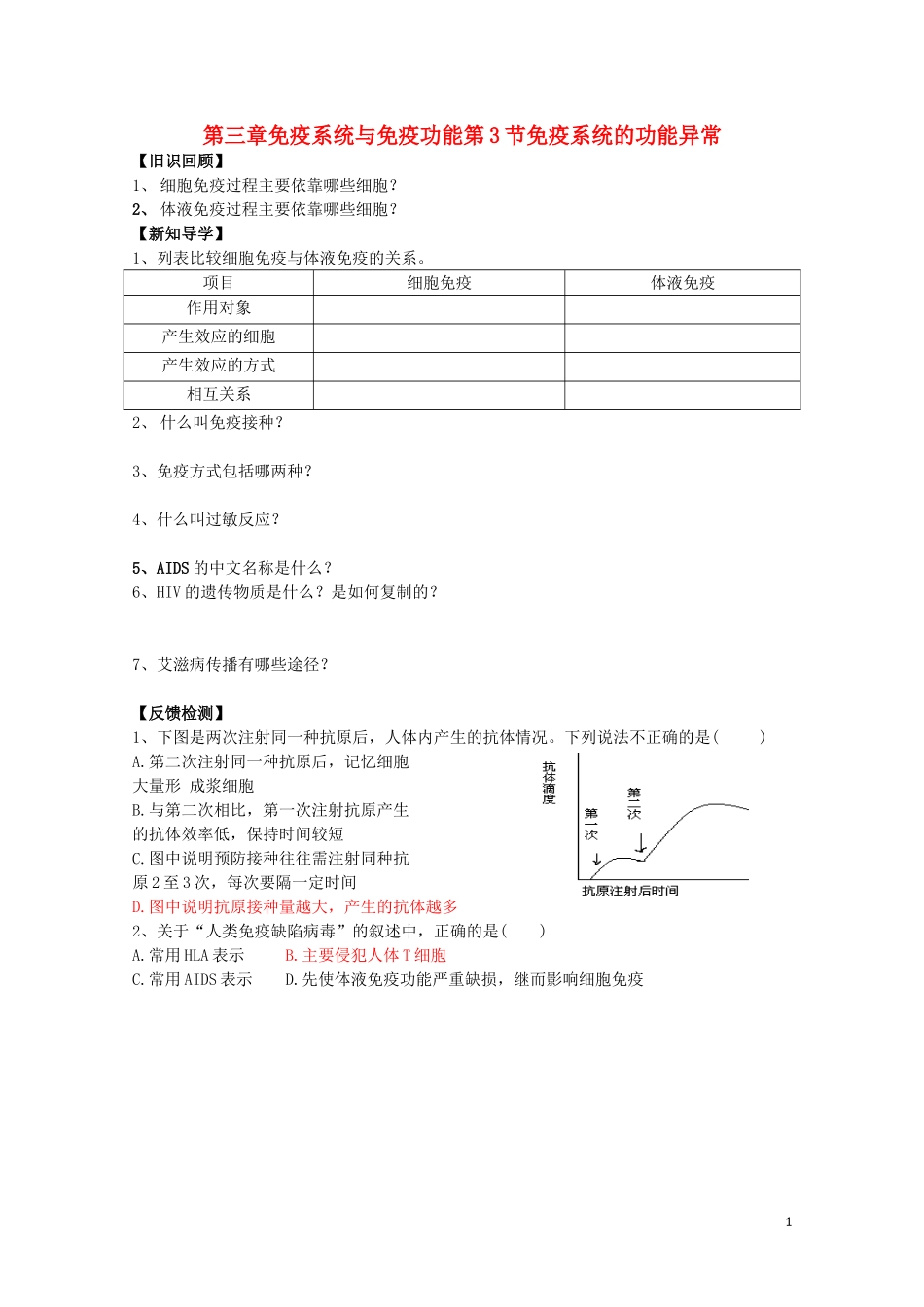 高中生物《免疫系统的功能异常》学案1 浙教版必修3_第1页