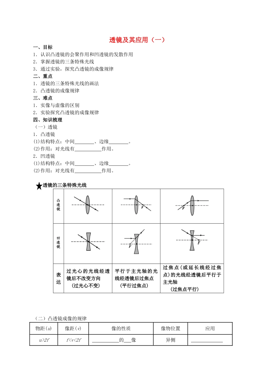 中考物理专题复习 透镜及其应用（一）学案-人教版初中九年级全册物理学案_第1页