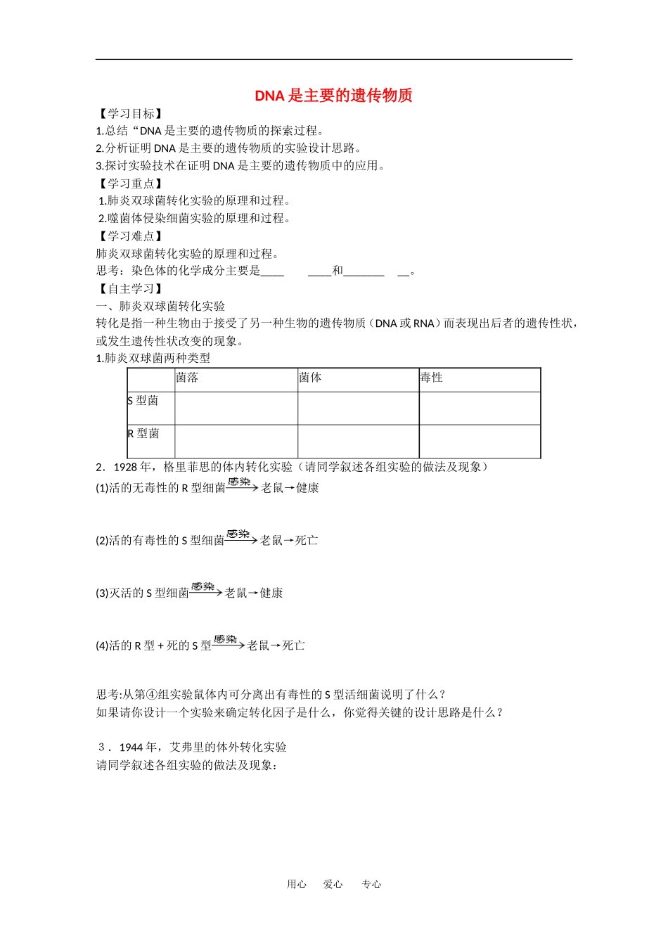 高中生物：3.1《DNA是主要的遗传物质》学案（1）（新人教版必修2）_第1页