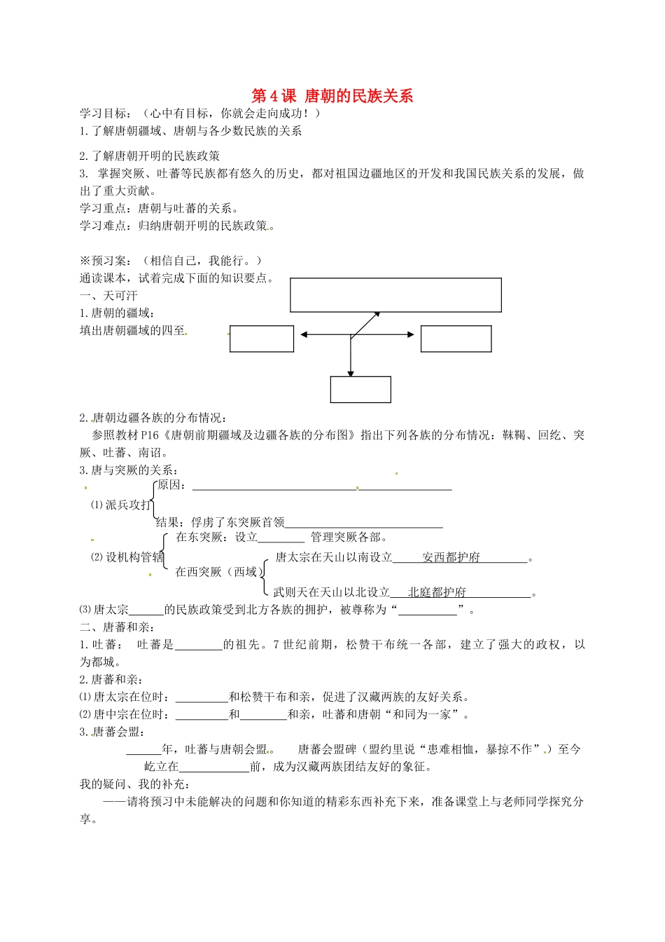 七年级历史下册 第4课 唐朝的民族关系导学案 岳麓版-岳麓版初中七年级下册历史学案_第1页