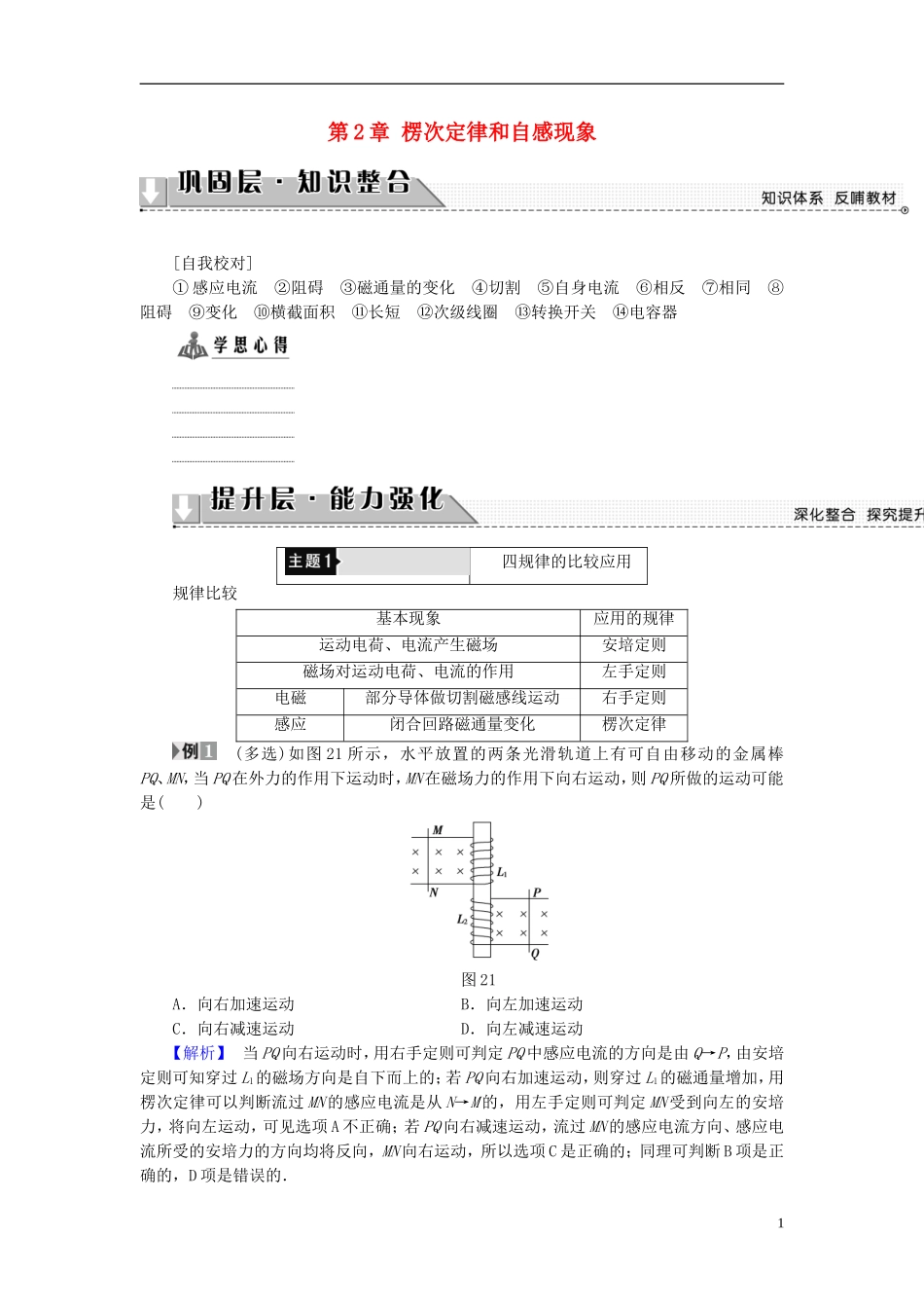 高中物理 第2章 楞次定律和自感现象章末分层突破教师用书 鲁科版选修3-2-鲁科版高中选修3-2物理学案_第1页