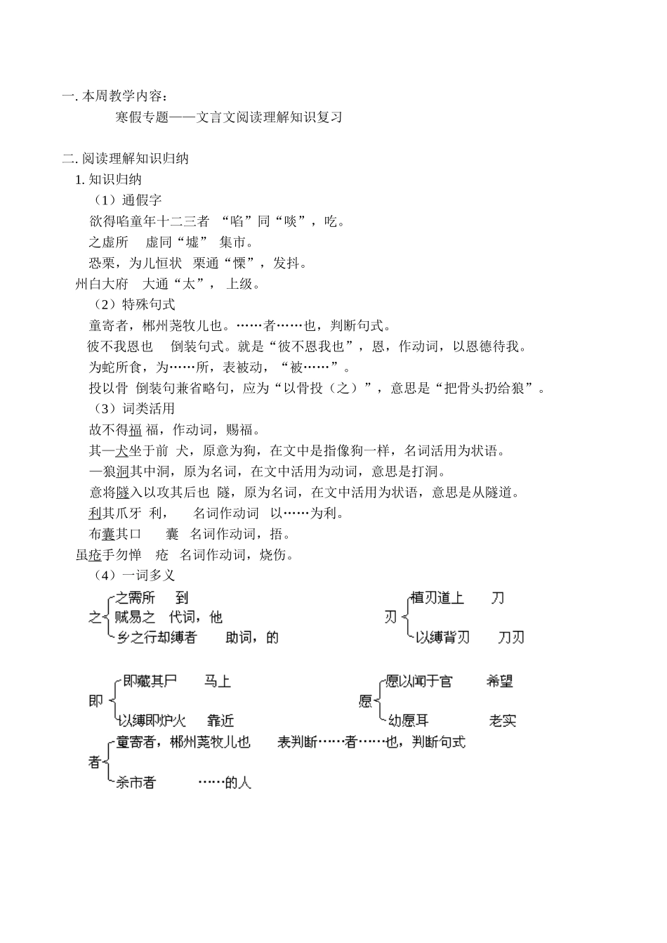 七年级语文上 寒假专题——文言文阅读理解知识复习学案新人教版_第1页