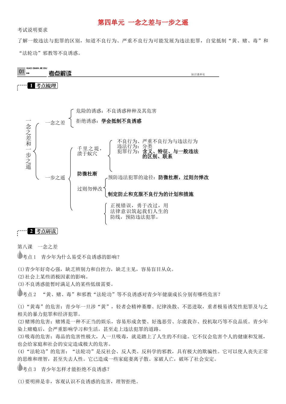 春中考政治 考点梳理复习 八上 第四单元 一念之差与一步之遥学案 教科版-教科版初中九年级全册政治学案_第1页