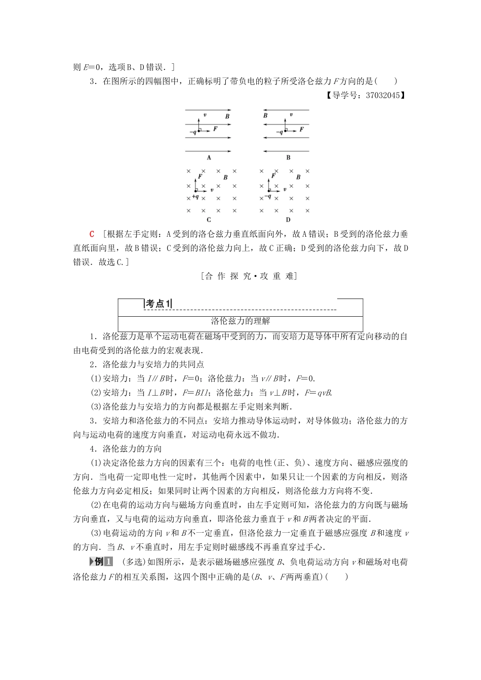 高中物理 第二章 电流与磁场 3 磁场对运动电荷的作用力学案 教科版选修1-1-教科版高二选修1-1物理学案_第2页