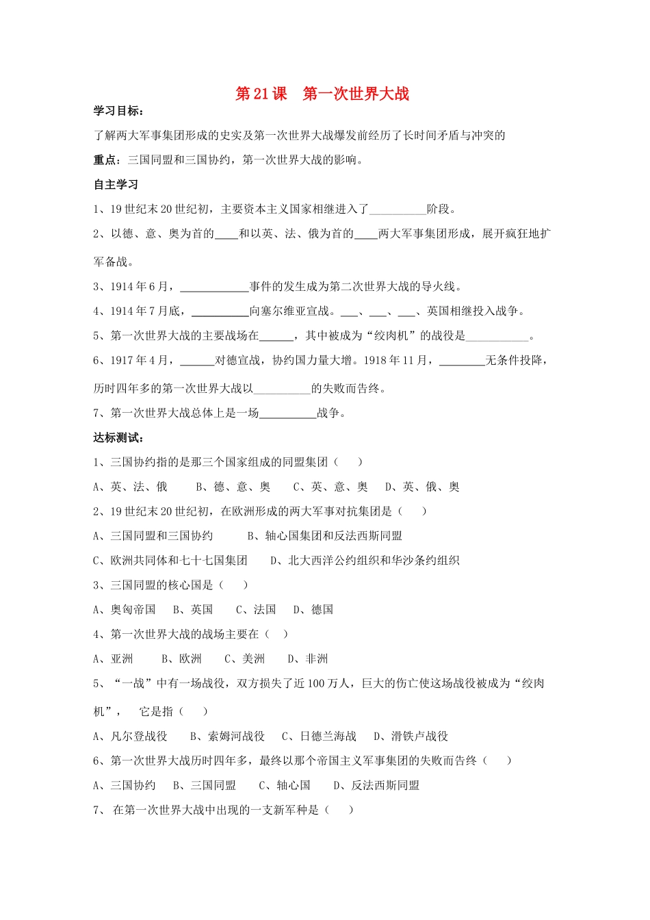 九年级历史上册 第21课 第一次世界大战学案 中华书局版-中华书局版初中九年级上册历史学案_第1页